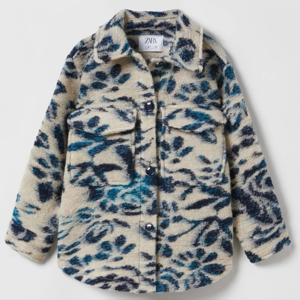Zara Wool Blend Blue And Cream Structured Floral Overshirt Shacket Size 11 / 12